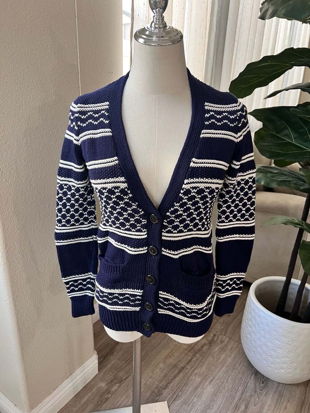 Madewell Stitchway Knit Navy Blue Stripe Cardigan Sweater Women Size XS